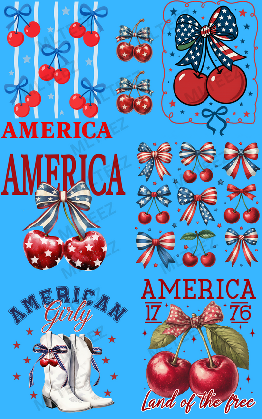 AMERICA (CHERRIES) (1) PREMADE GANGSHEET  - 22X36  DTF TRANSFERS - DIRECT TO FILM