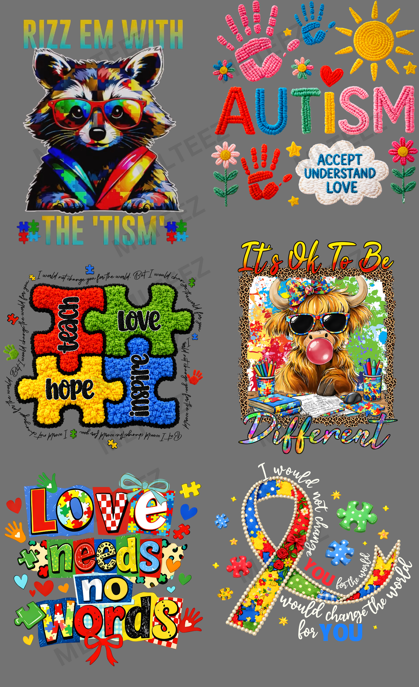 AUTISM (14) PREMADE GANGSHEET - 22X36 DTF TRANSFERS - DIRECT TO FILM