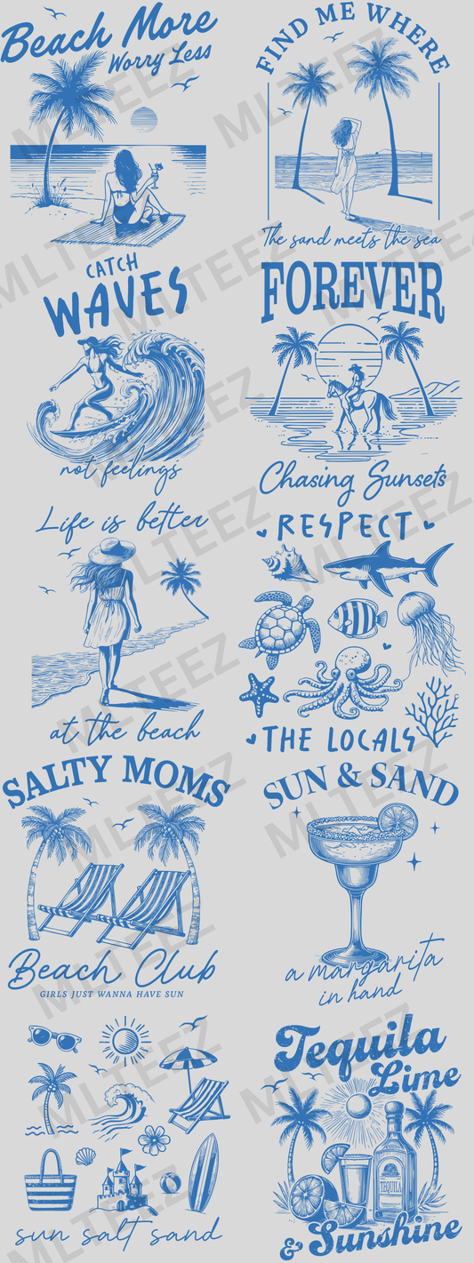 BEACH MORE WORRY LESS (1) (60 INCH) PREMADE GANGSHEET - 22X60 DTF TRANSFERS - DIRECT TO FILM