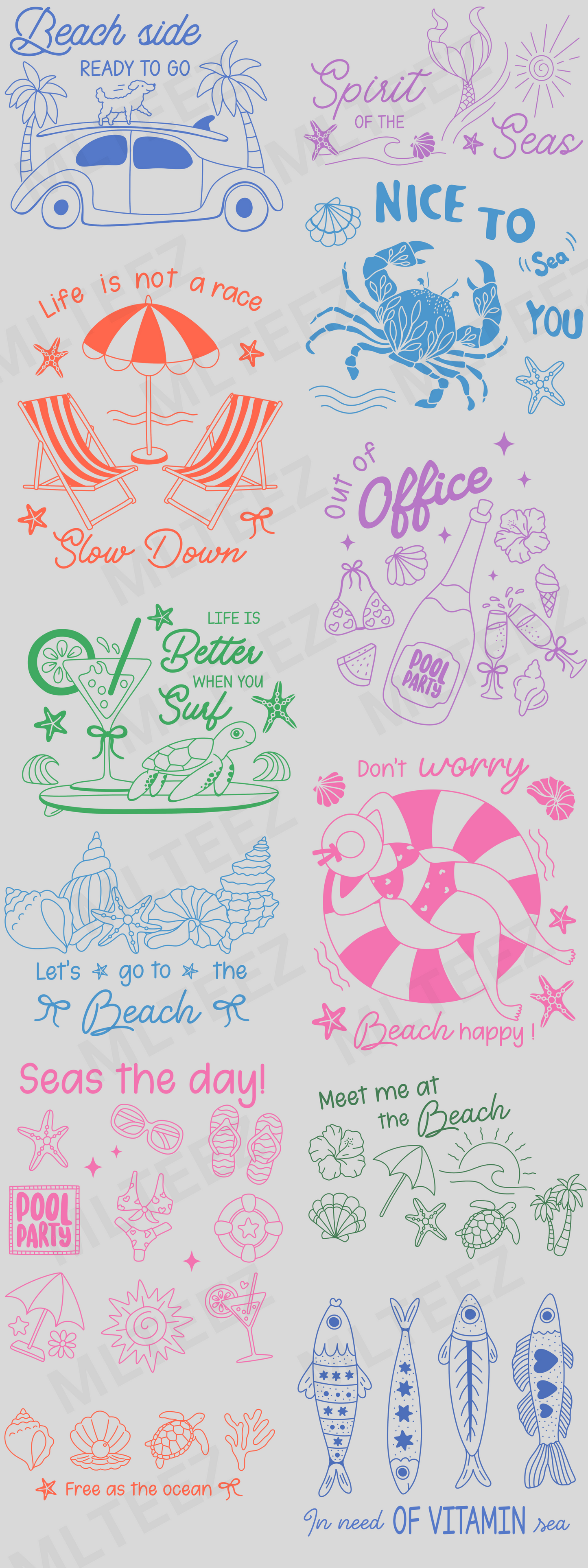 BEACH SIDE READY TO GO PREMADE GANGSHEET  - 22X60  DTF TRANSFERS - DIRECT TO FILL