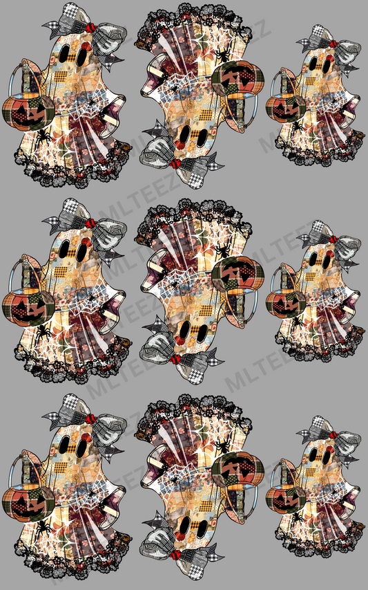 BLACK LACE PATCHWORK GHOSTS - 3 YOUTH, 6 ADULT PREMADE GANGSHEET  - 22X36  DTF TRANSFERS - DIRECT TO FILM