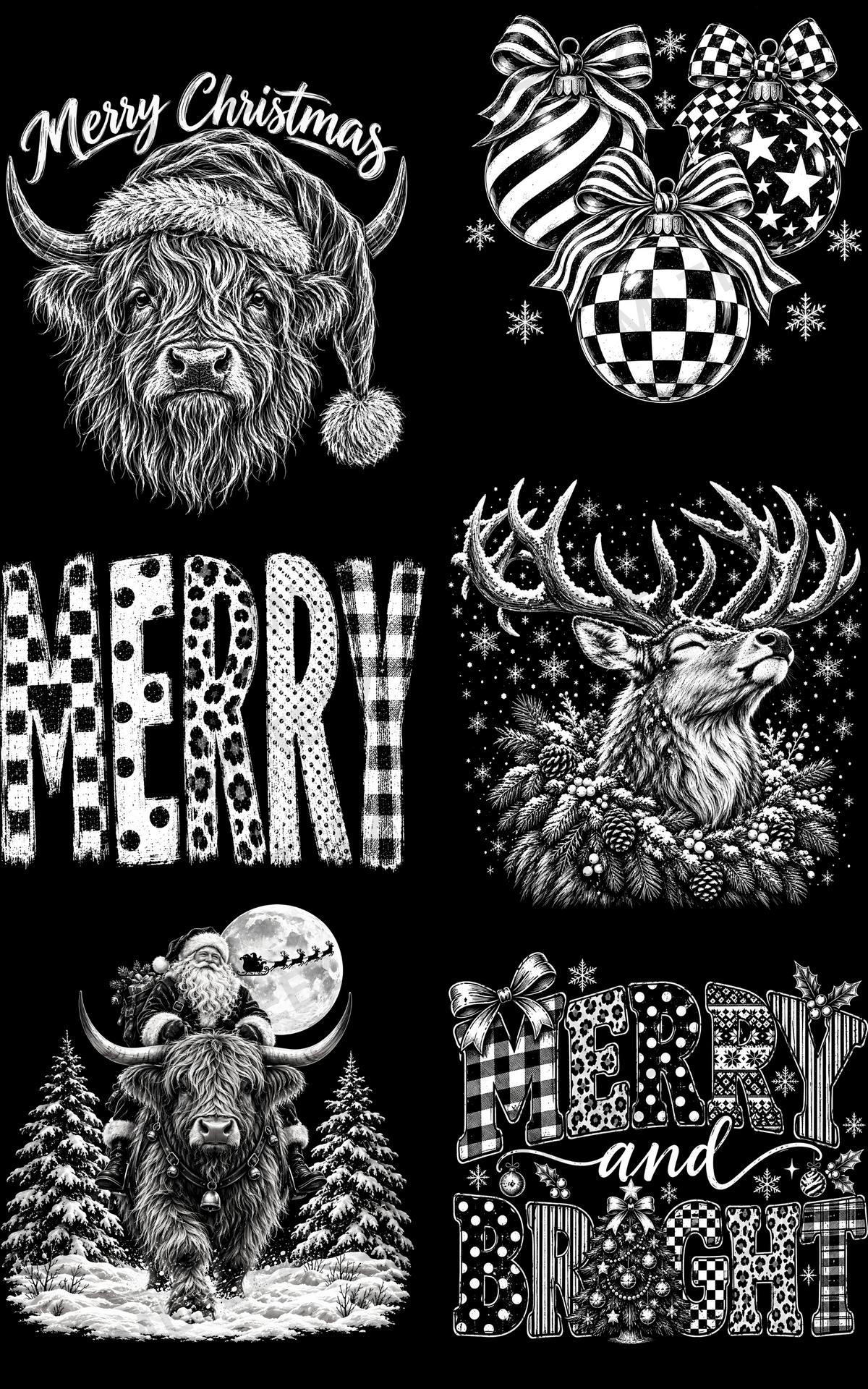 BLACK & WHTIE CHRISTMAS (1) PREMADE GANGSHEET - 22X36 DTF TRANSFERS - DIRECT TO FILM