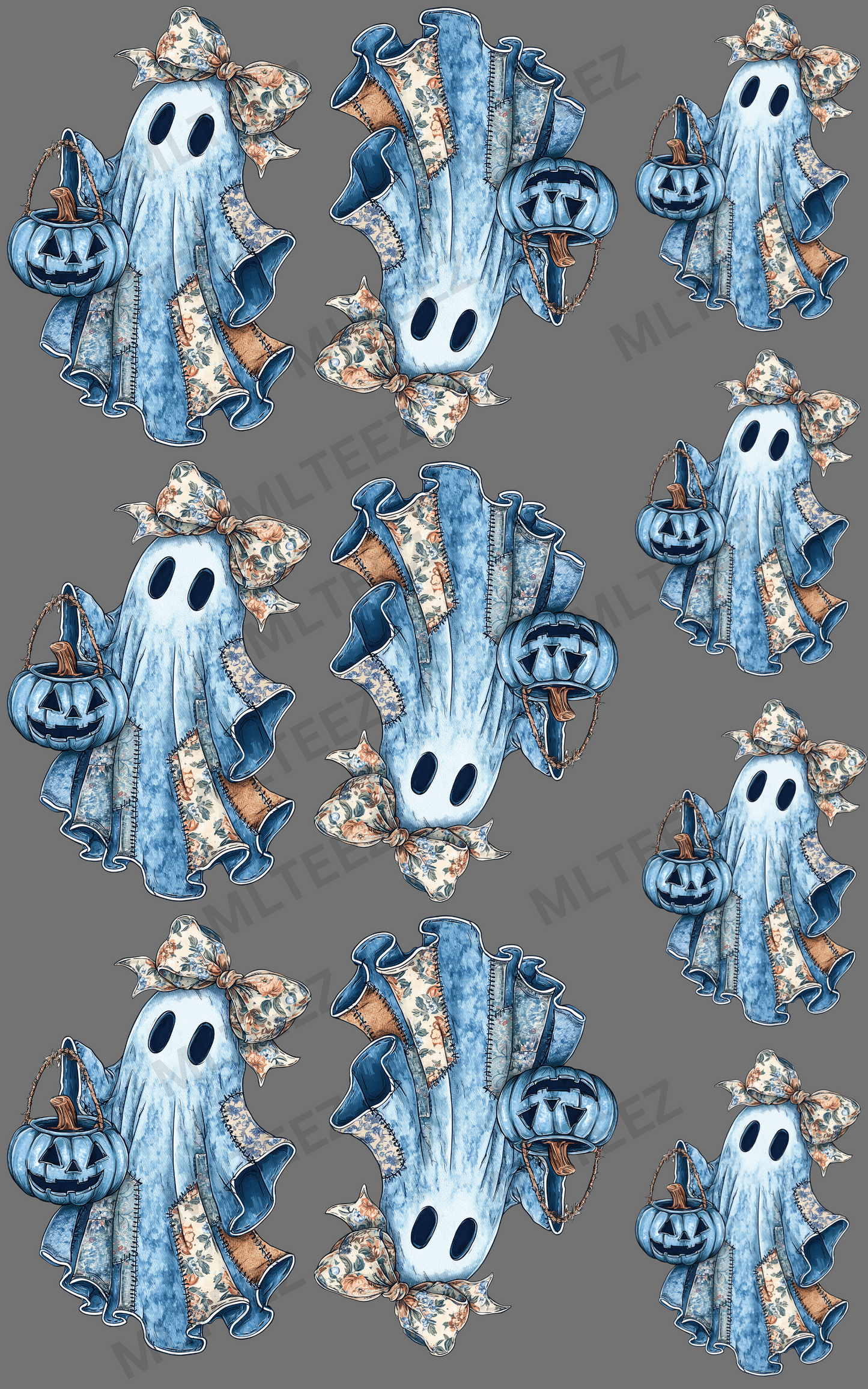 BLUE DENIM GHOSTS - 4 YOUTH, 6 ADULT PREMADE GANGSHEET  - 22X36  DTF TRANSFERS - DIRECT TO FILM