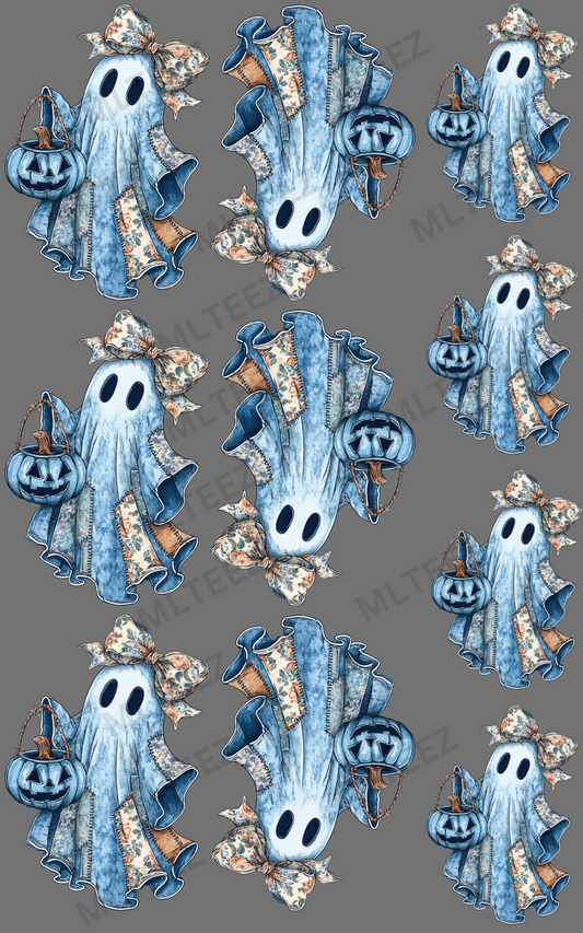 BLUE DENIM GHOSTS - 4 YOUTH, 6 ADULT PREMADE GANGSHEET  - 22X36  DTF TRANSFERS - DIRECT TO FILM