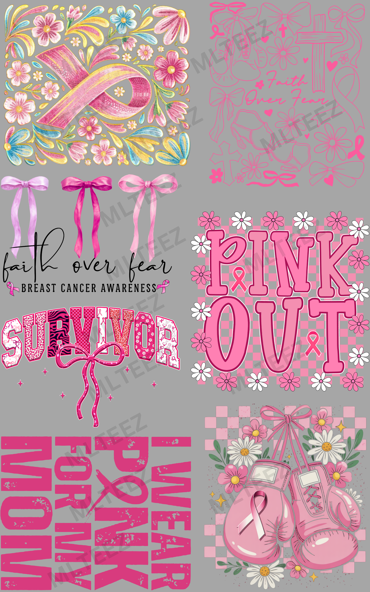 BOHO PINK RIBBON PREMADE GANGSHEET  - 22X36  DTF TRANSFERS - DIRECT TO FILM