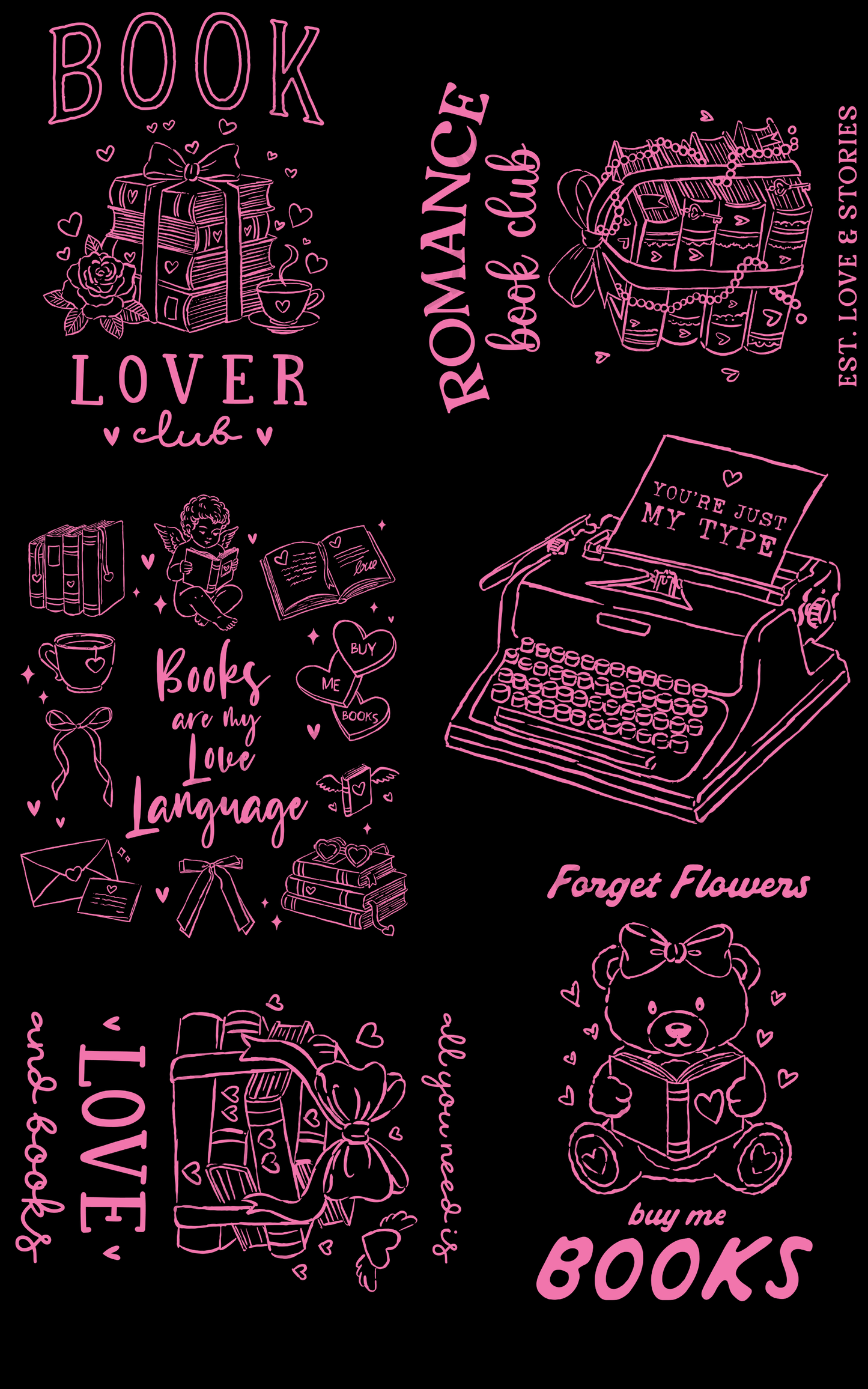 BOOK LOVER CLUB (1) PREMADE GANGSHEET - 22X36 DTF TRANSFERS - DIRECT TO FILM