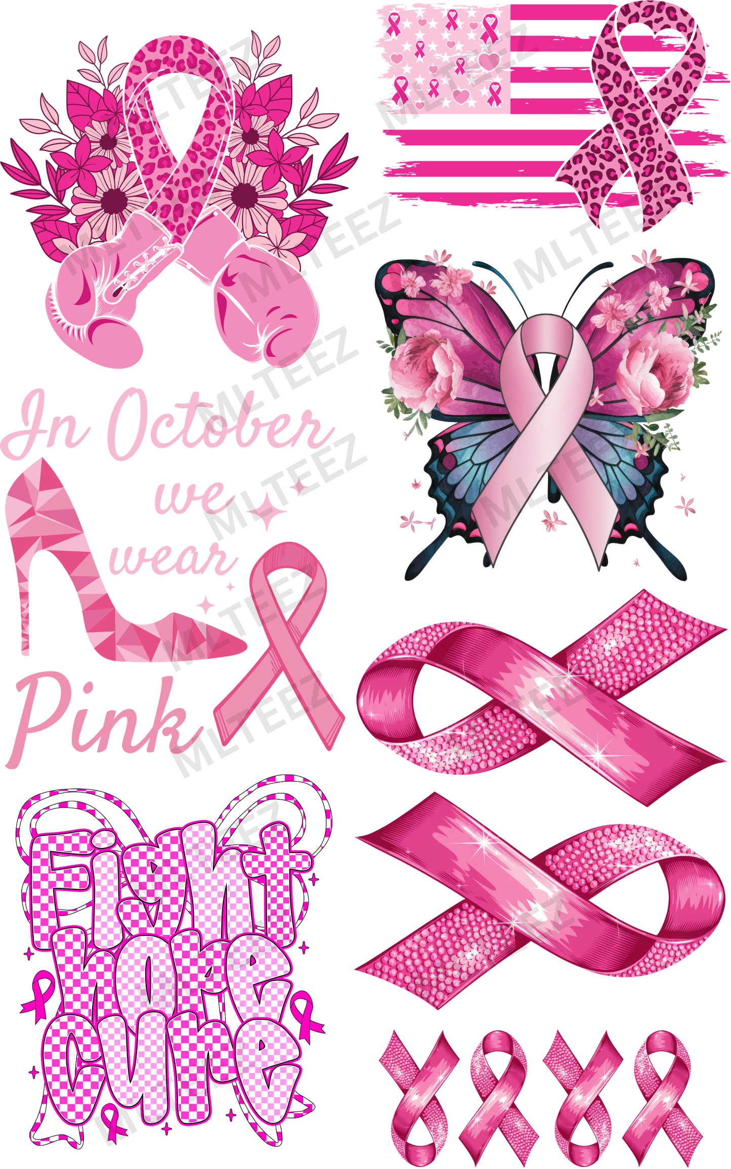 BREAST CANCER AWARENENESS (5) PREMADE GANGSHEET - 22X36 DTF TRANSFERS - DIRECT TO FILM
