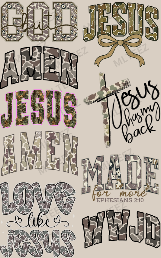 BUT GOD (CAMO) (1) PREMADE GANGSHEET - 22X36 DTF TRANSFERS - DIRECT TO FILM
