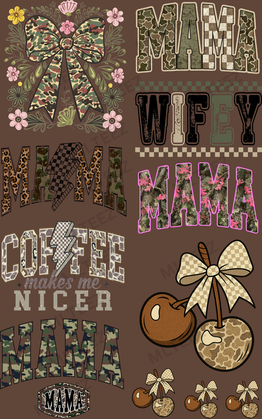 CAMO BOW & MAMA (1) PREMADE GANGSHEET - 22X36 DTF TRANSFERS - DIRECT TO FILM