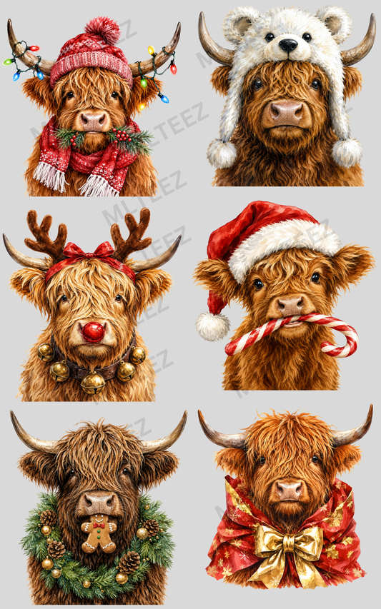 CHRISTMAS HIGHLAND COWS (1) PREMADE GANGSHEET - 22X36 DTF TRANSFERS - DIRECT TO FILM