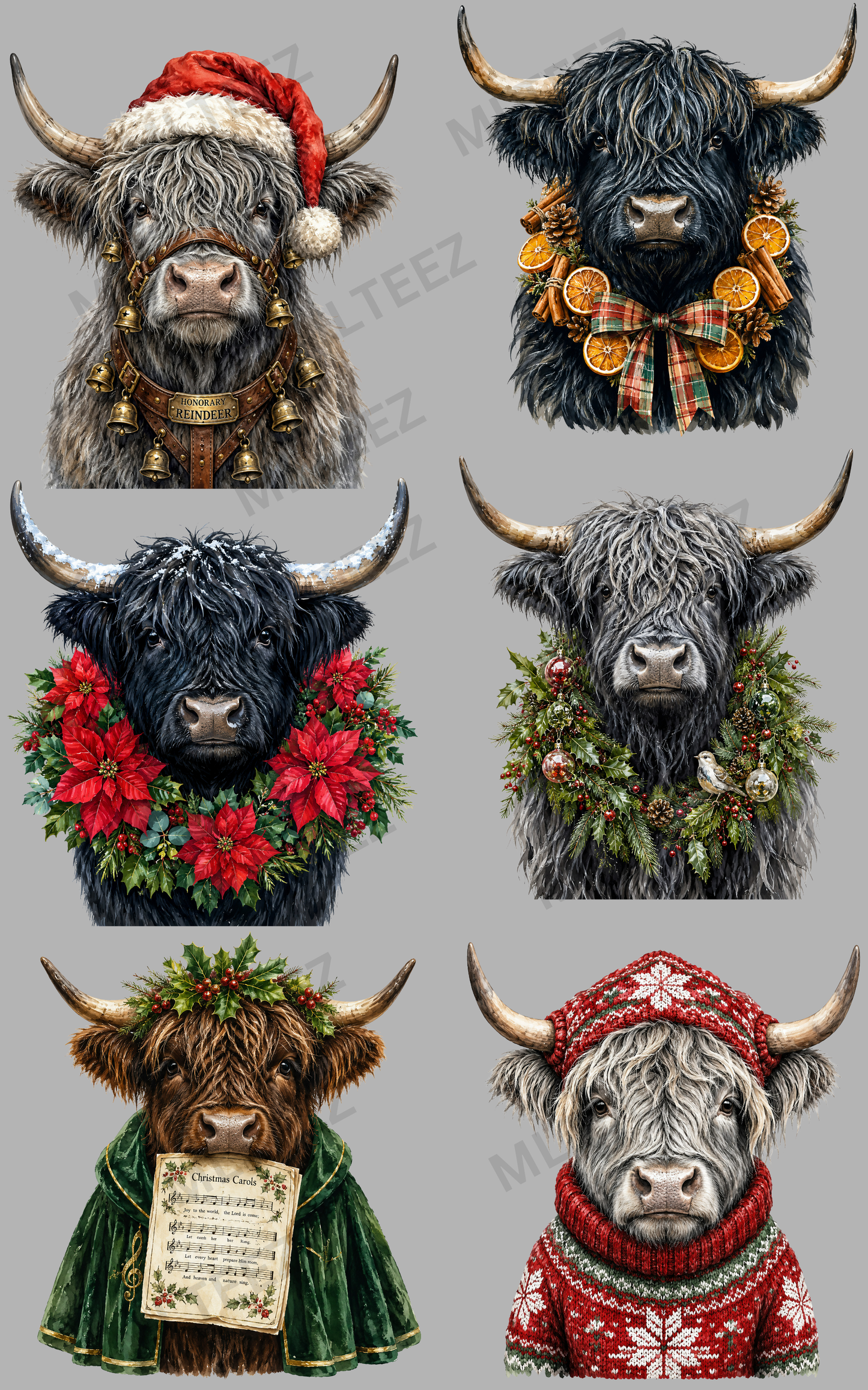 CHRISTMAS HIGHLAND COWS (2) PREMADE GANGSHEET - 22X36 DTF TRANSFERS - DIRECT TO FILM