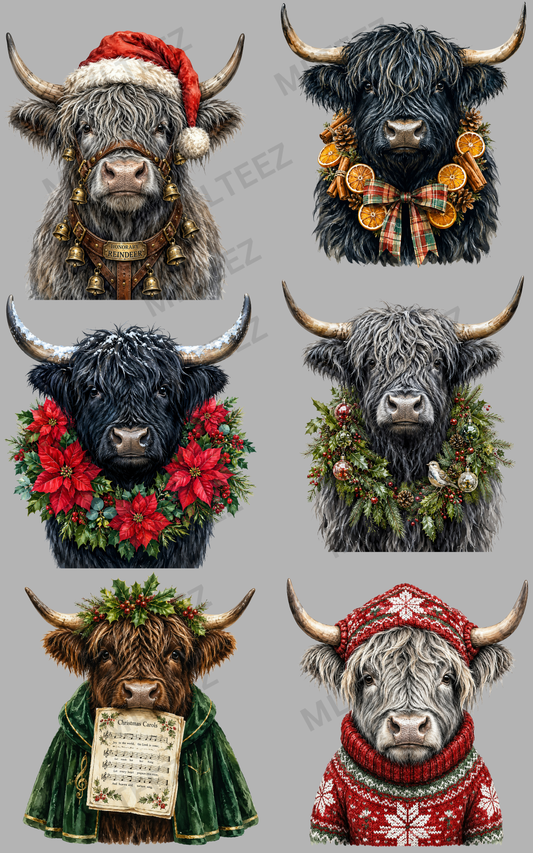 CHRISTMAS HIGHLAND COWS (2) PREMADE GANGSHEET - 22X36 DTF TRANSFERS - DIRECT TO FILM