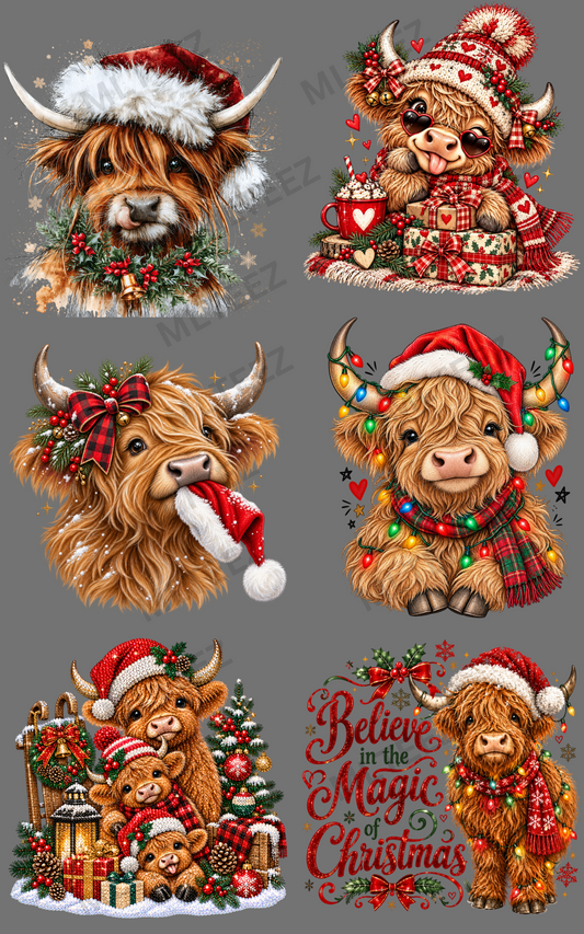 CHRISTMAS HIGHLAND COWS (3) PREMADE GANGSHEET - 22X36 DTF TRANSFERS - DIRECT TO FILM