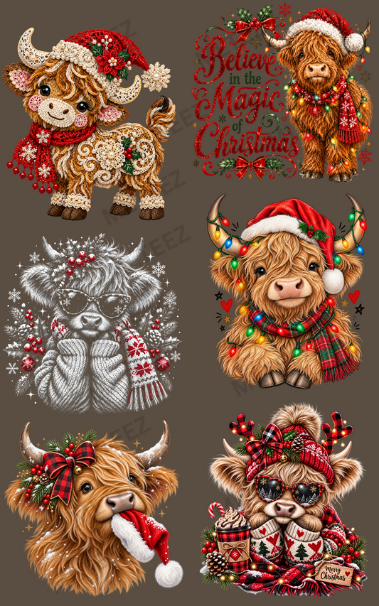 CHRISTMAS HIGHLAND COWS (4) PREMADE GANGSHEET - 22X36 DTF TRANSFERS - DIRECT TO FILM