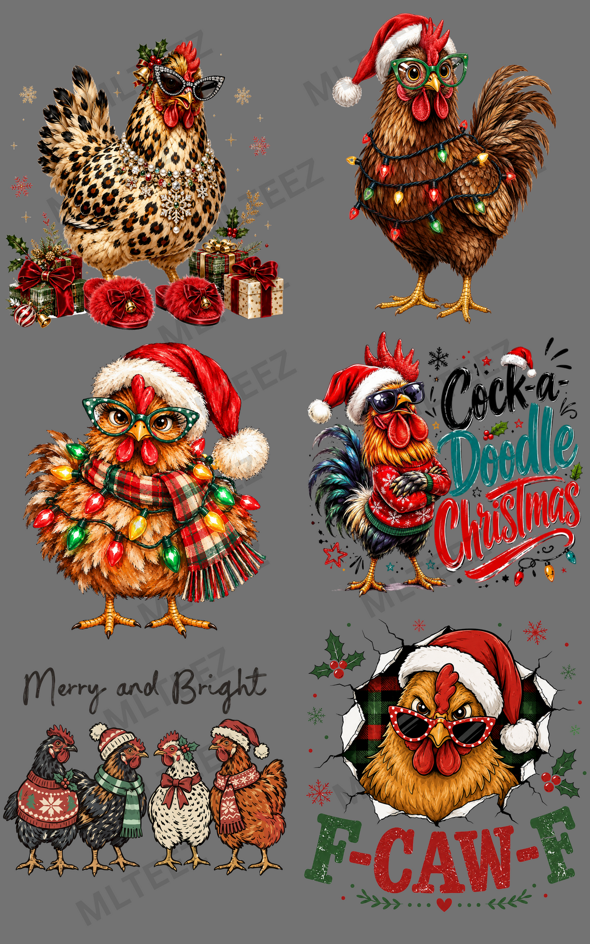 COCK-A-DOODLE CHRISTMAS (1) PREMADE GANGSHEET - 22X36 DTF TRANSFERS - DIRECT TO FILM