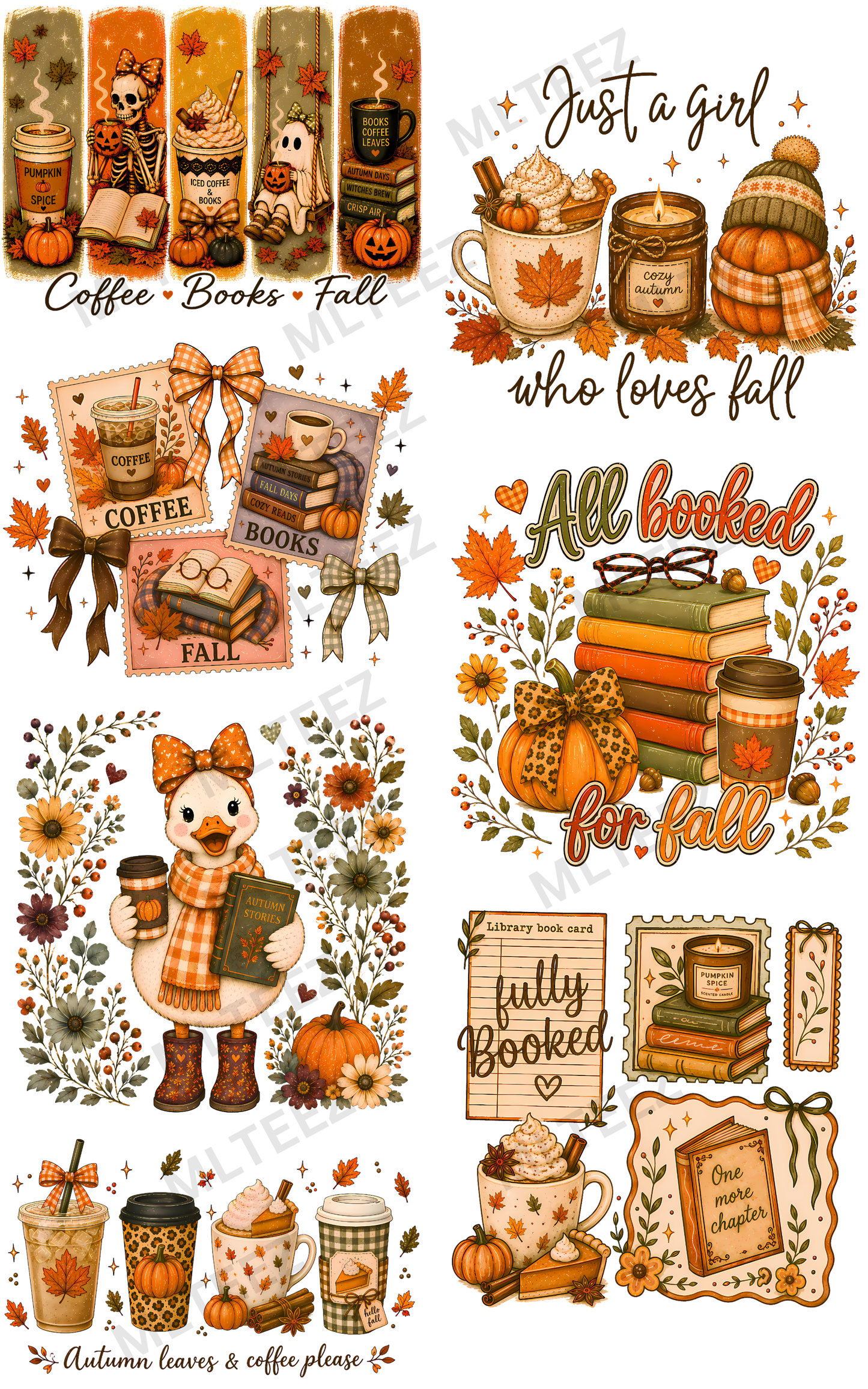 COFFEE, BOOKS, & FALL (1) PREMADE GANGSHEET - 22X36 DTF TRANSFERS - DIRECT TO FILM