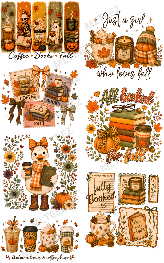 COFFEE, BOOKS, & FALL (1) PREMADE GANGSHEET - 22X36 DTF TRANSFERS - DIRECT TO FILM