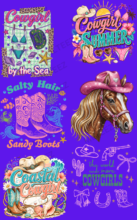 COWGIRL BY THE SEA (1) PREMADE GANGSHEET - 22X36 DTF TRANSFERS - DIRECT TO FILM