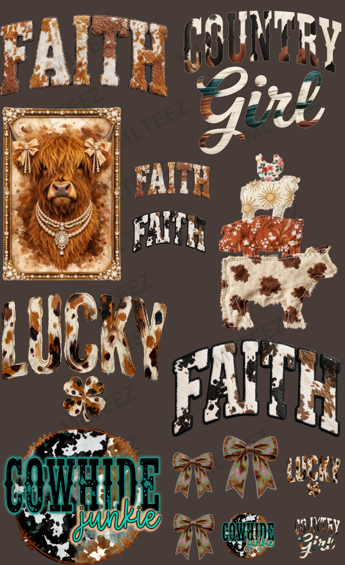 COWHIDE WESTERN (1) PREMADE GANGSHEET - 22X36 DTF TRANSFERS - DIRECT TO FILM