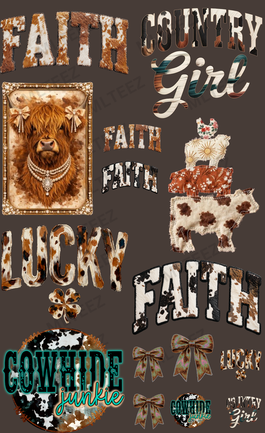 COWHIDE WESTERN (1) PREMADE GANGSHEET - 22X36 DTF TRANSFERS - DIRECT TO FILM