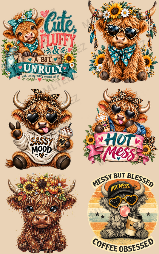 CUTE, FLUFFY, & A BIT UNRULY (1) PREMADE GANGSHEET - 22X36 DTF TRANSFERS - DIRECT TO FILM