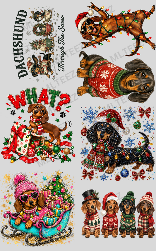 DACHSHUND THROUGH THE SNOW (1) PREMADE GANGSHEET - 22X36 DTF TRANSFERS - DIRECT TO FILM