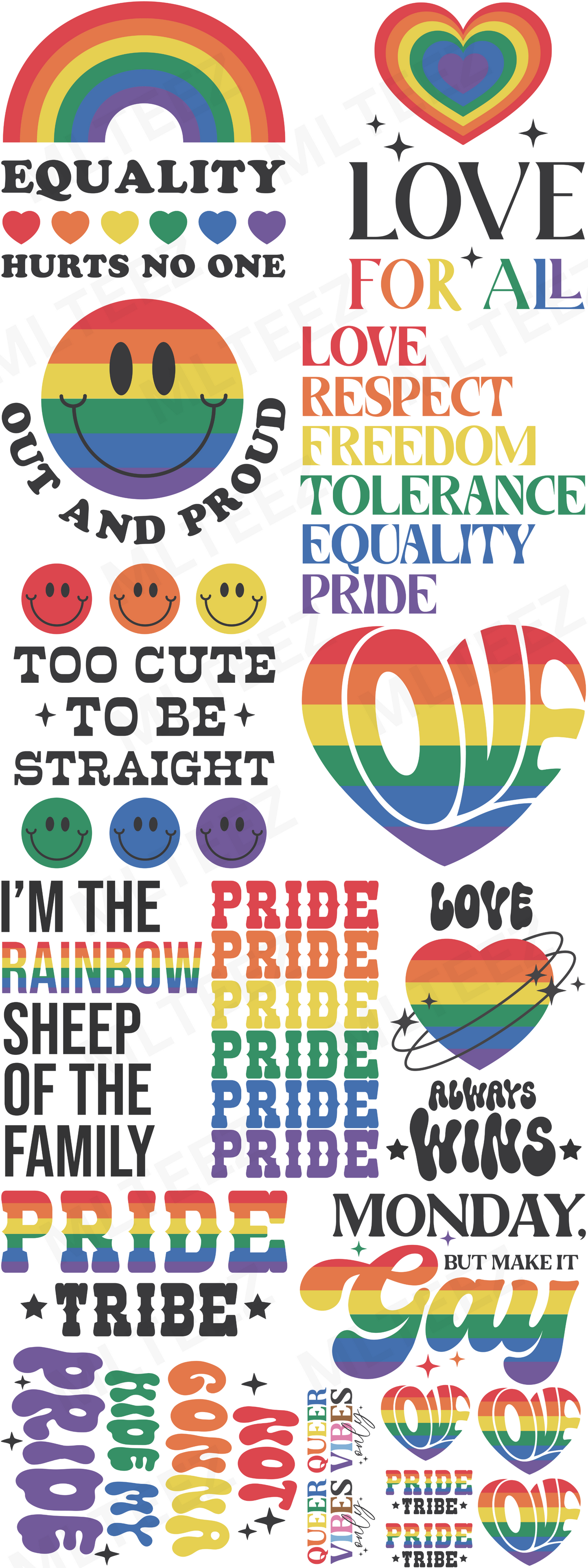EQUALITY HURTS NO ONE (PRIDE) PREMADE GANGSHEET  - 22X60  DTF TRANSFERS - DIRECT TO FILM