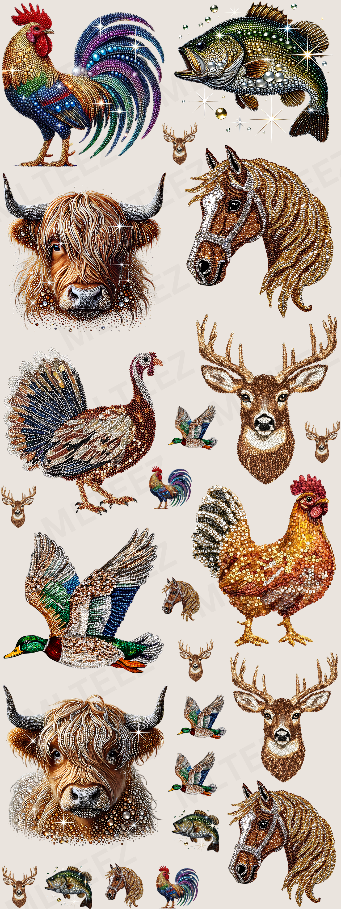 FAUX RHINESTONE ANIMALS (1) PREMADE GANGSHEET  - 22X60  DTF TRANSFERS - DIRECT TO FILM