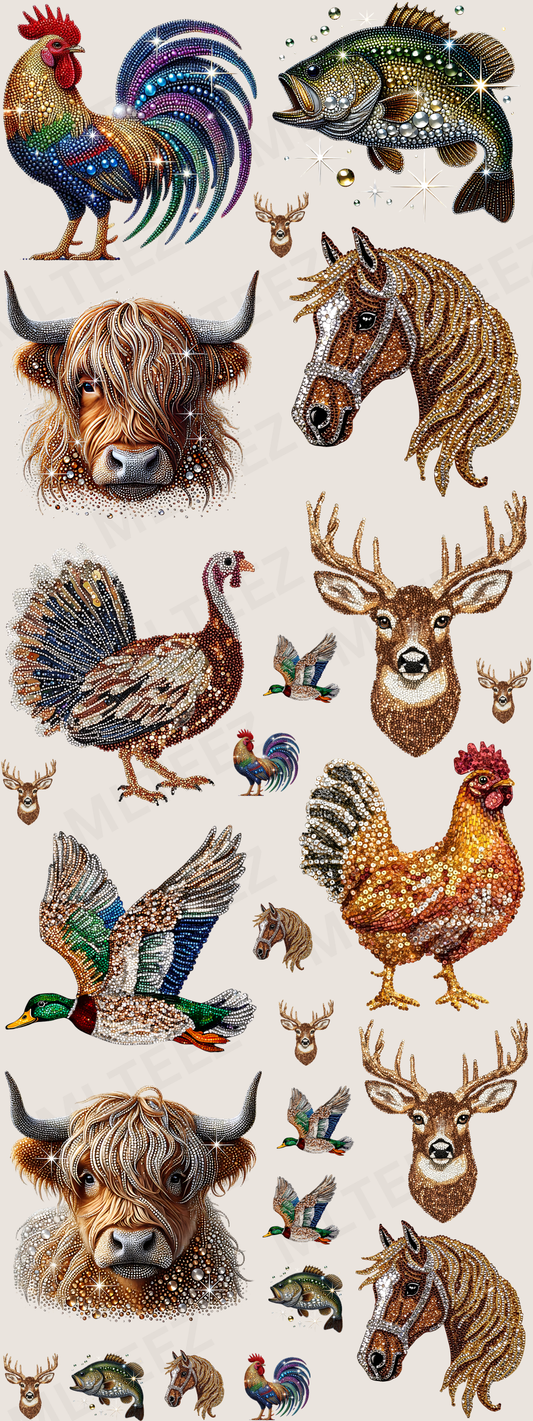 FAUX RHINESTONE ANIMALS (1) PREMADE GANGSHEET  - 22X60  DTF TRANSFERS - DIRECT TO FILM