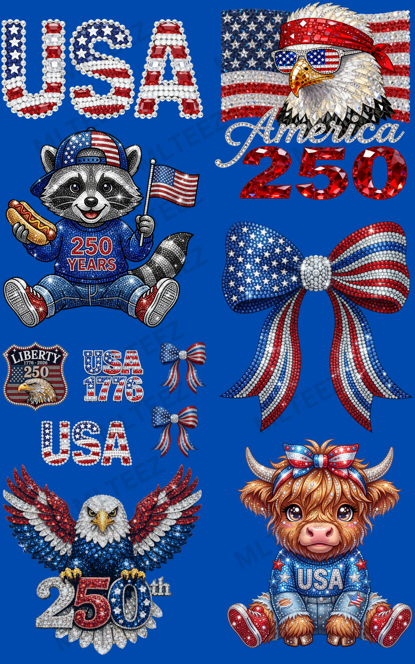 FAUX RHINESTONE USA (1) PREMADE GANGSHEET - 22X36 DTF TRANSFERS - DIRECT TO FILM