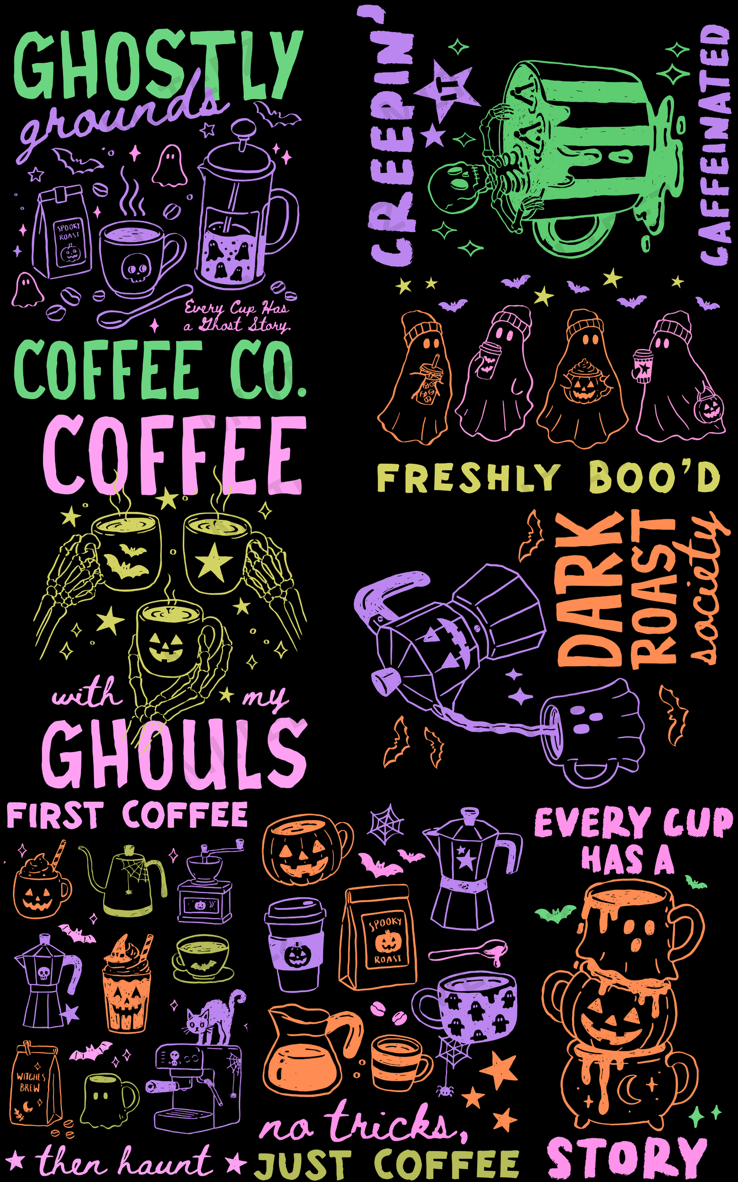 GHOSTLY GROUNDS (1) PREMADE GANGSHEET - 22X36 DTF TRANSFERS - DIRECT TO FILM