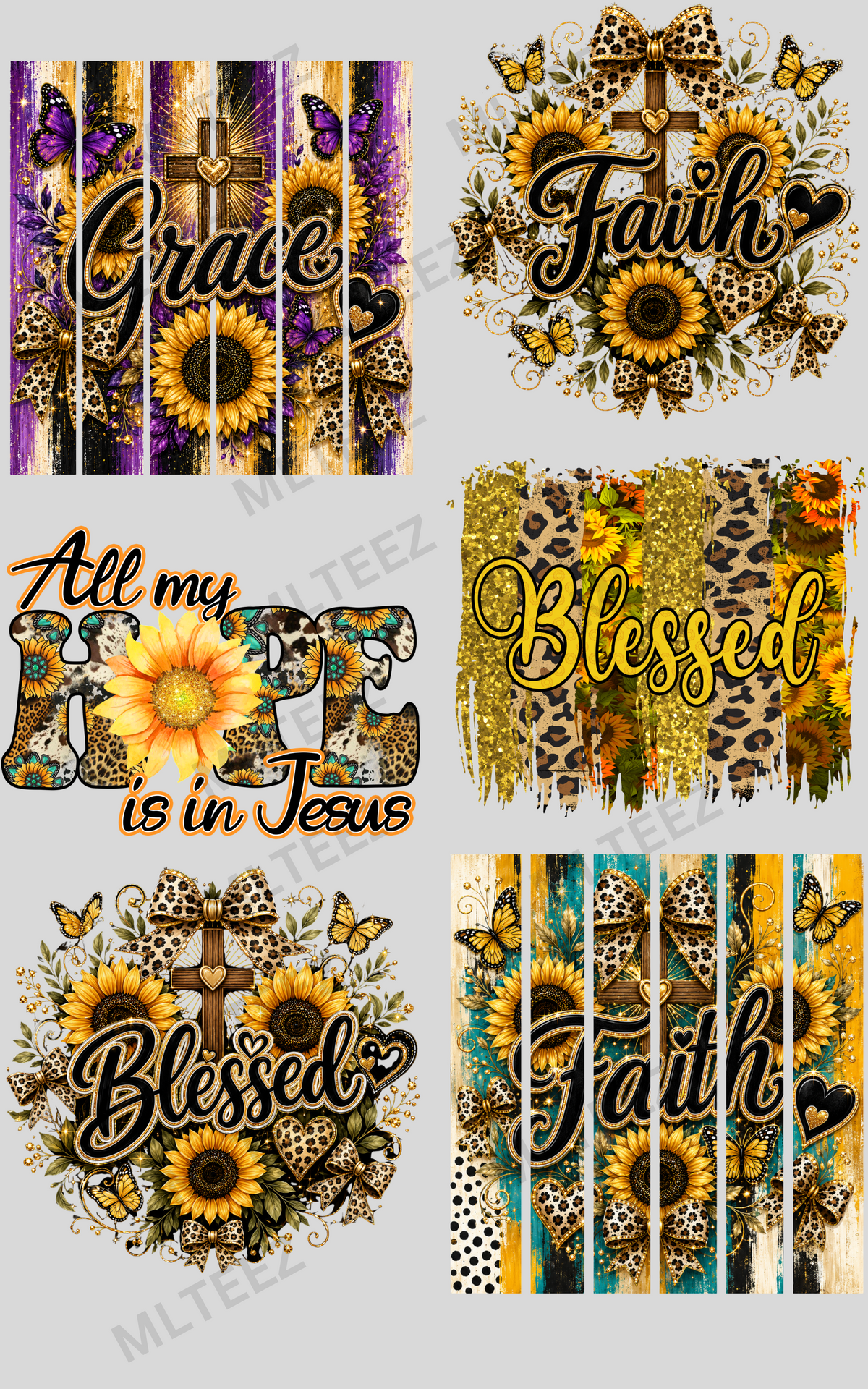 GRACE & SUNFLOWERS (1) PREMADE GANGSHEET - 22X36 DTF TRANSFERS - DIRECT TO FILM