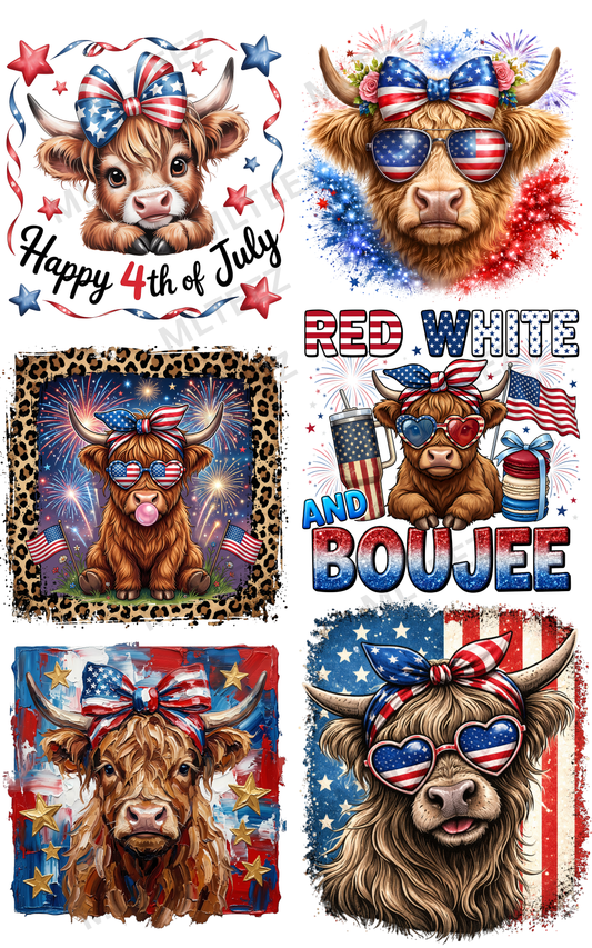 HAPPY 4TH OF JULY - HIGHLAND COWS PREMADE GANGSHEET - 22X36 DTF TRANSFERS - DIRECT TO FILM