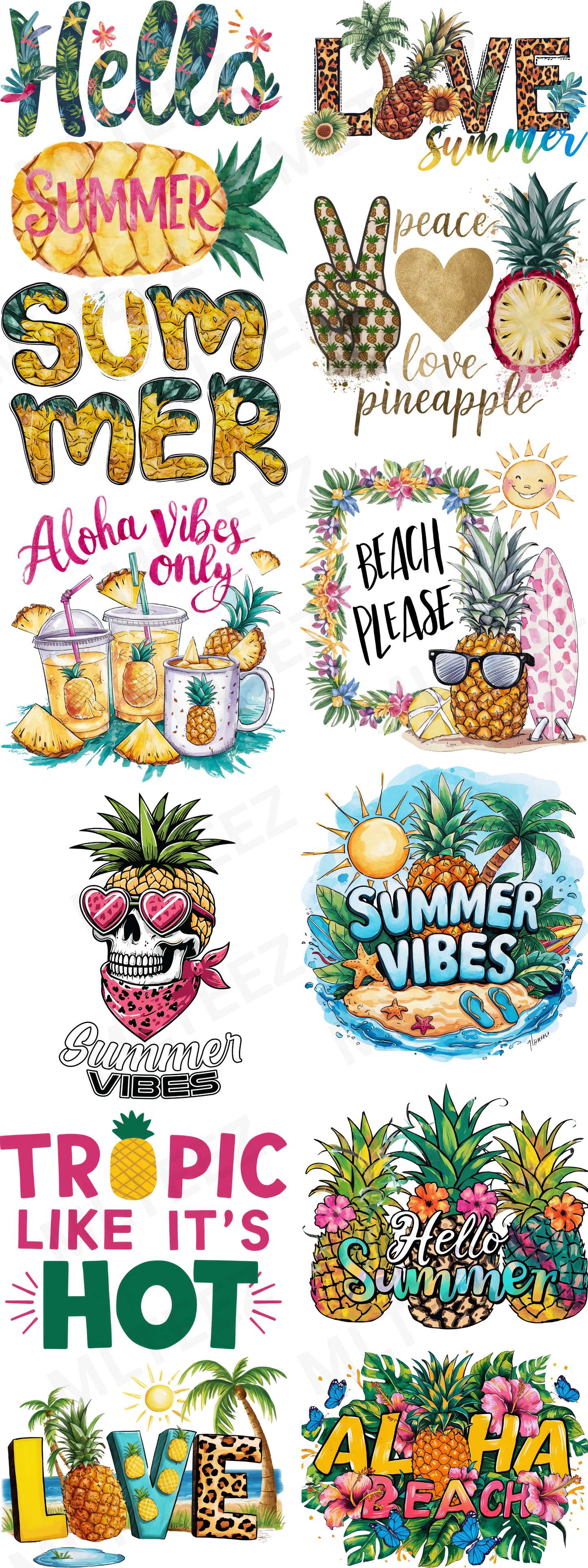 HELLO SUMMER (PINEAPPLES) PREMADE GANGSHEET  - 22X60  DTF TRANSFERS - DIRECT TO FILM