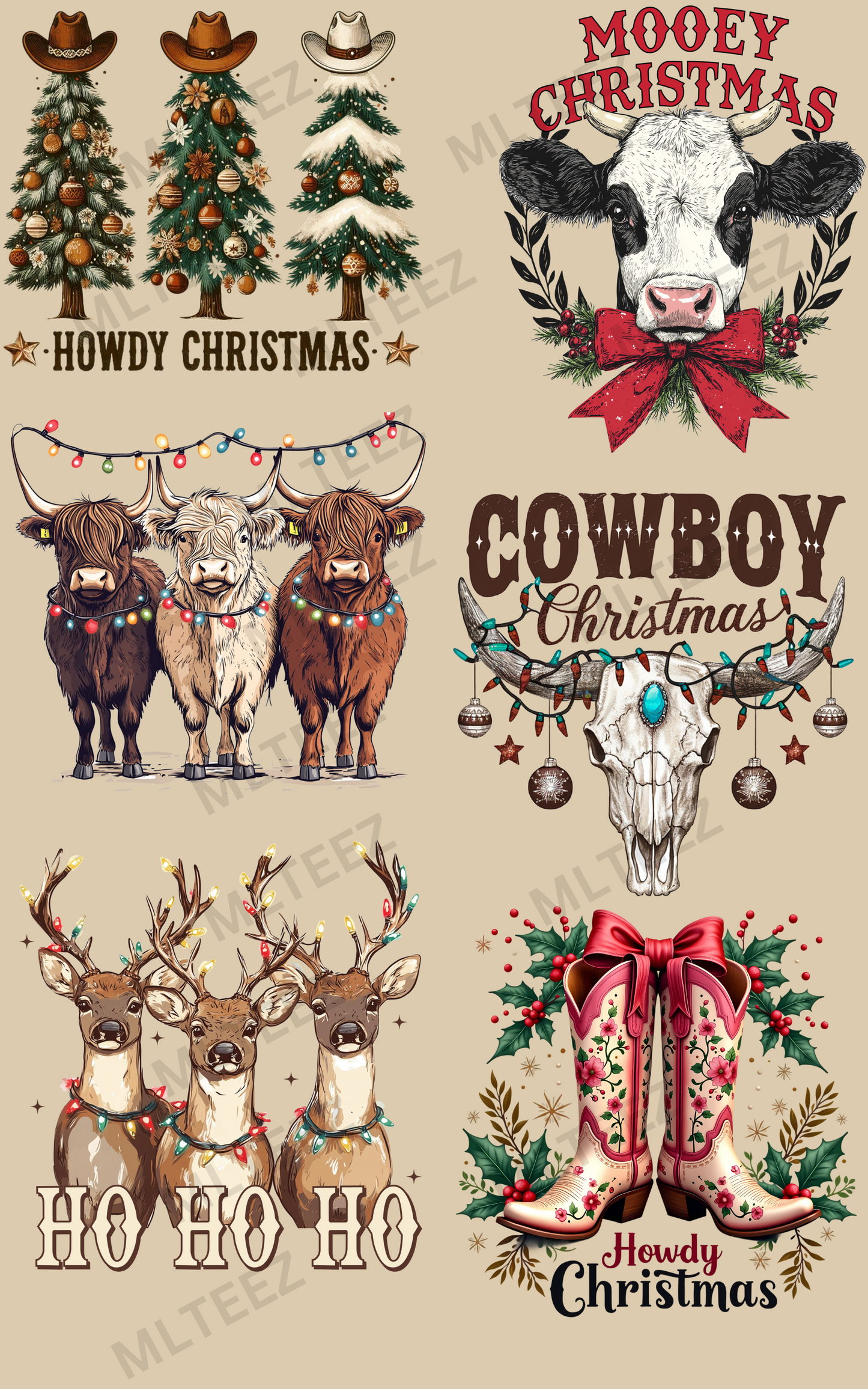 HOWDY CHRISTMAS (1) PREMADE GANGSHEET  - 22X36  DTF TRANSFERS - DIRECT TO FILM