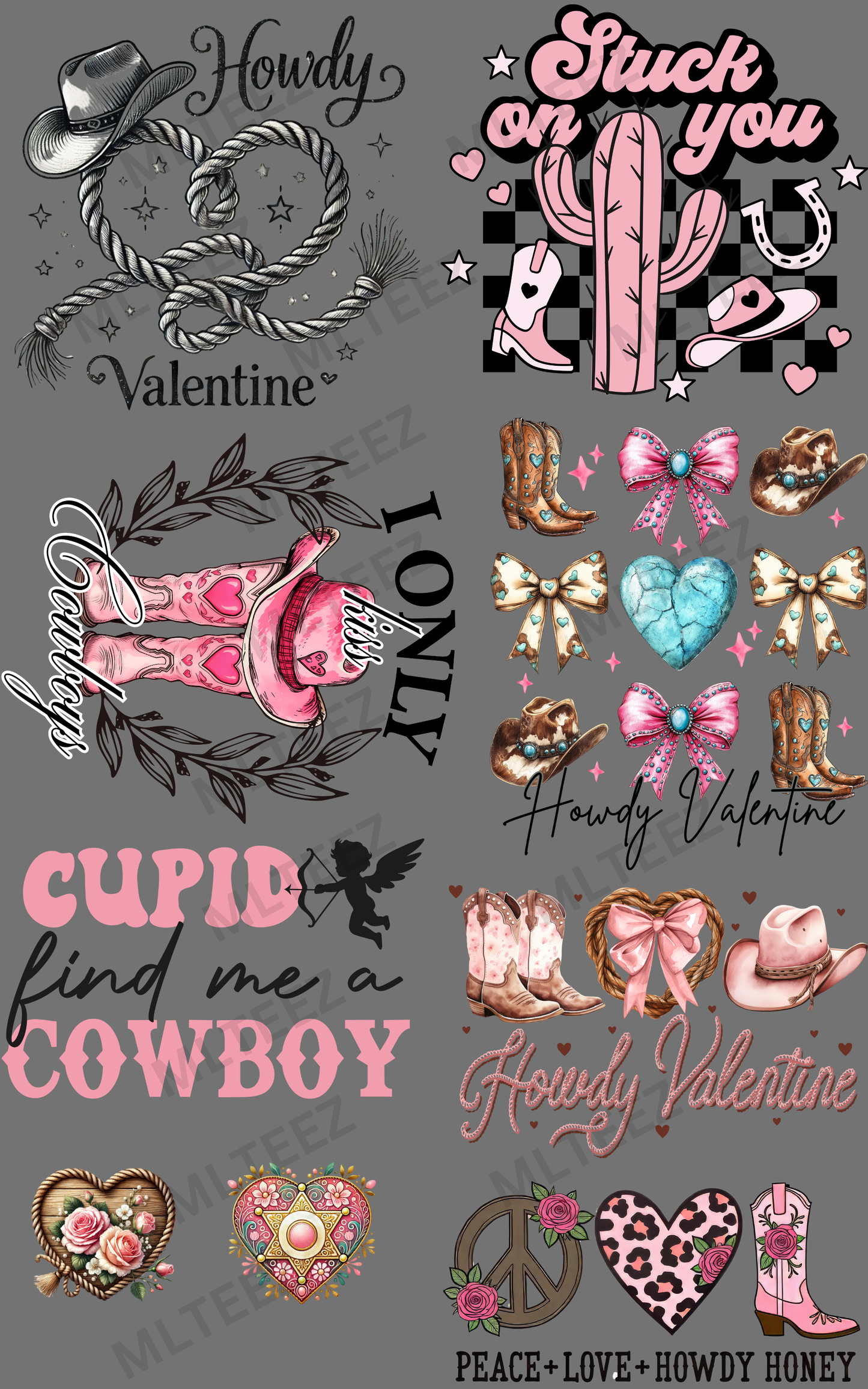 HOWDY VALENTINE (1) PREMADE GANGSHEET - 22X36 DTF TRANSFERS - DIRECT TO FILM