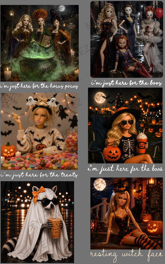 I'M JUST HERE FOR THE TREATS AND BOOS (1) PREMADE GANGSHEET - 22X36 DTF TRANSFERS - DIRECT TO FILM