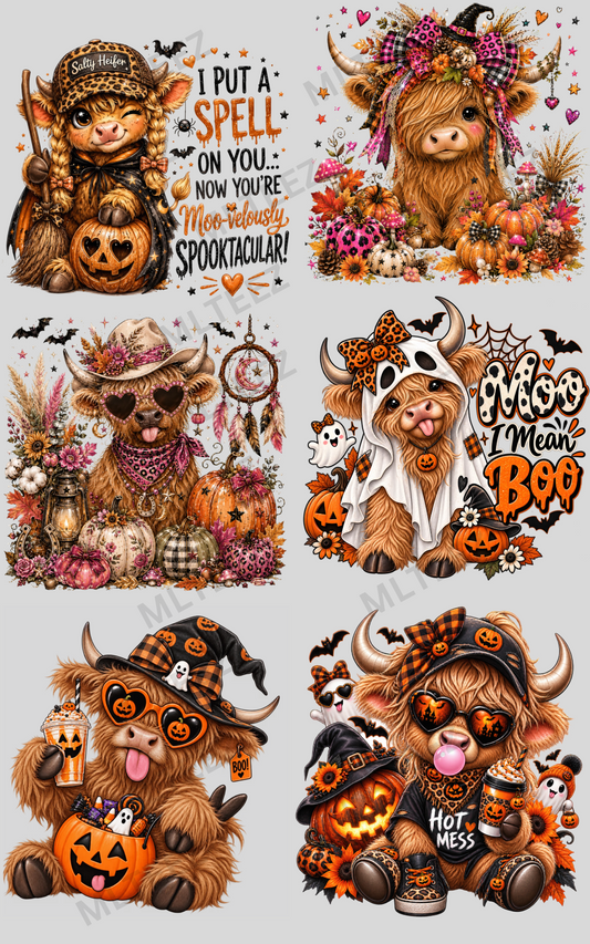 I PUT A SPELL ON YOU- HIGHLAND COWS (1) PREMADE GANGSHEET - 22X36 DTF TRANSFERS - DIRECT TO FILM