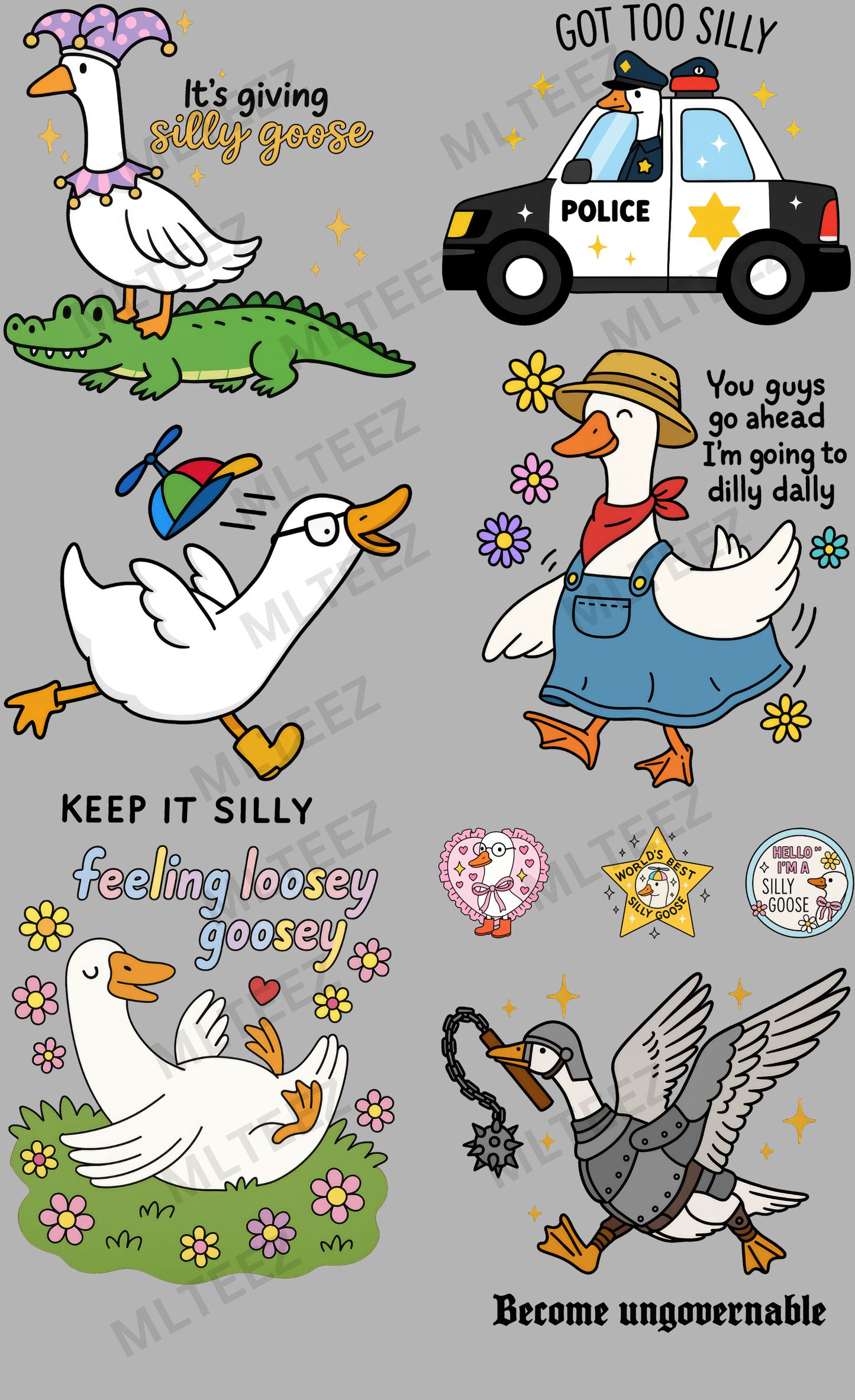 IT'S GIVING SILLY GOOSE (1) PREMADE GANGSHEET - 22X36 DTF TRANSFERS - DIRECT TO FILM