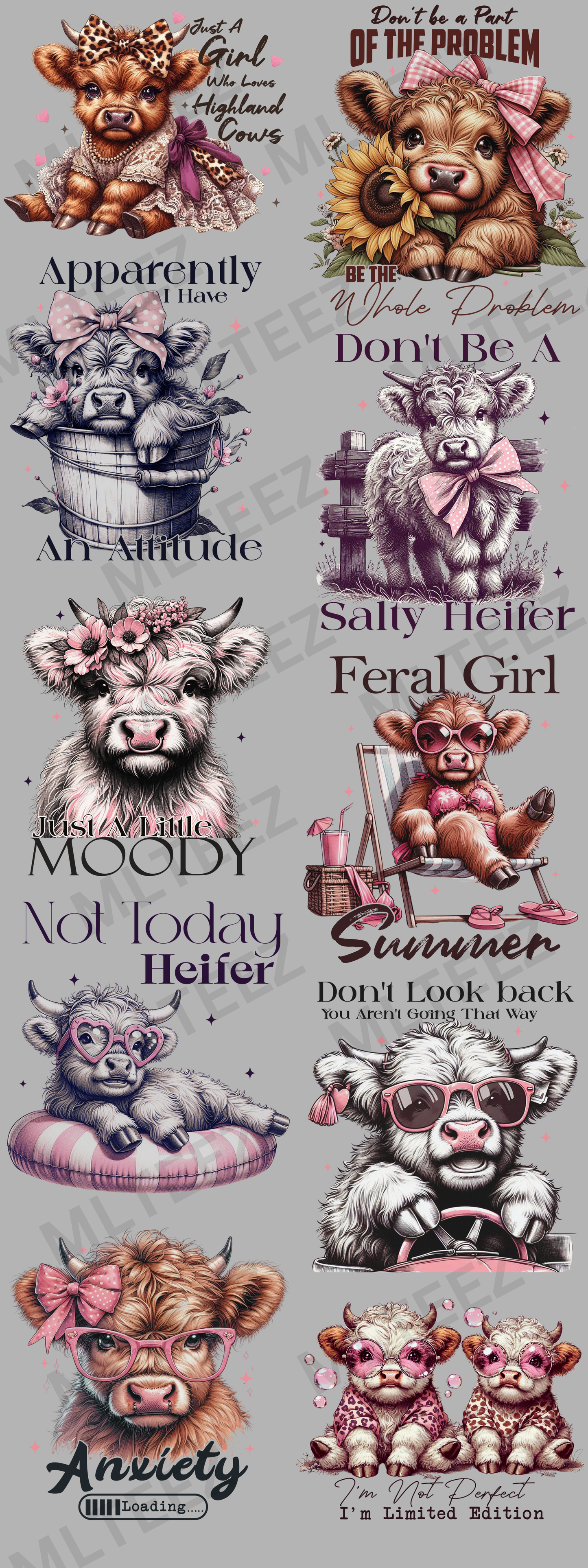 JUST A GIRL WHO LOVES HIGHLAND COWS (1) (60 INCH) PREMADE GANGSHEET - 22X60 DTF TRANSFERS - DIRECT TO FILM