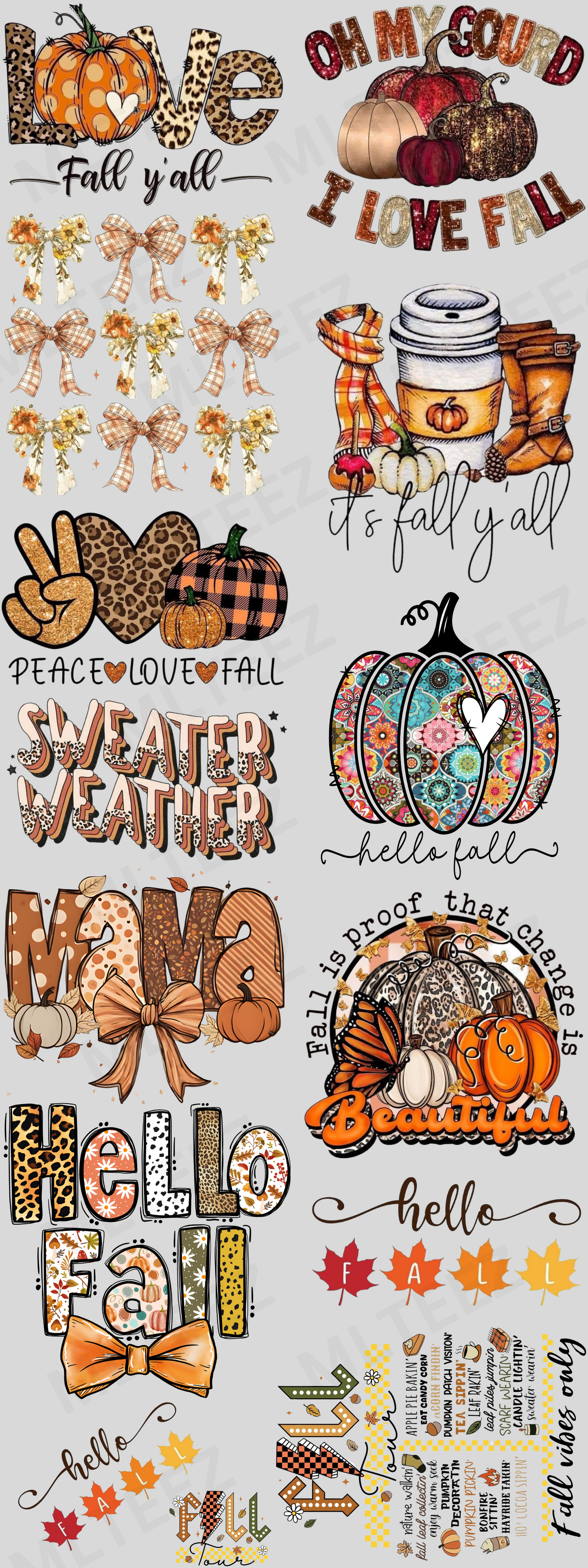 LOVE FALL Y'ALL PREMADE GANGSHEET  - 22X60  DTF TRANSFERS - DIRECT TO FILM