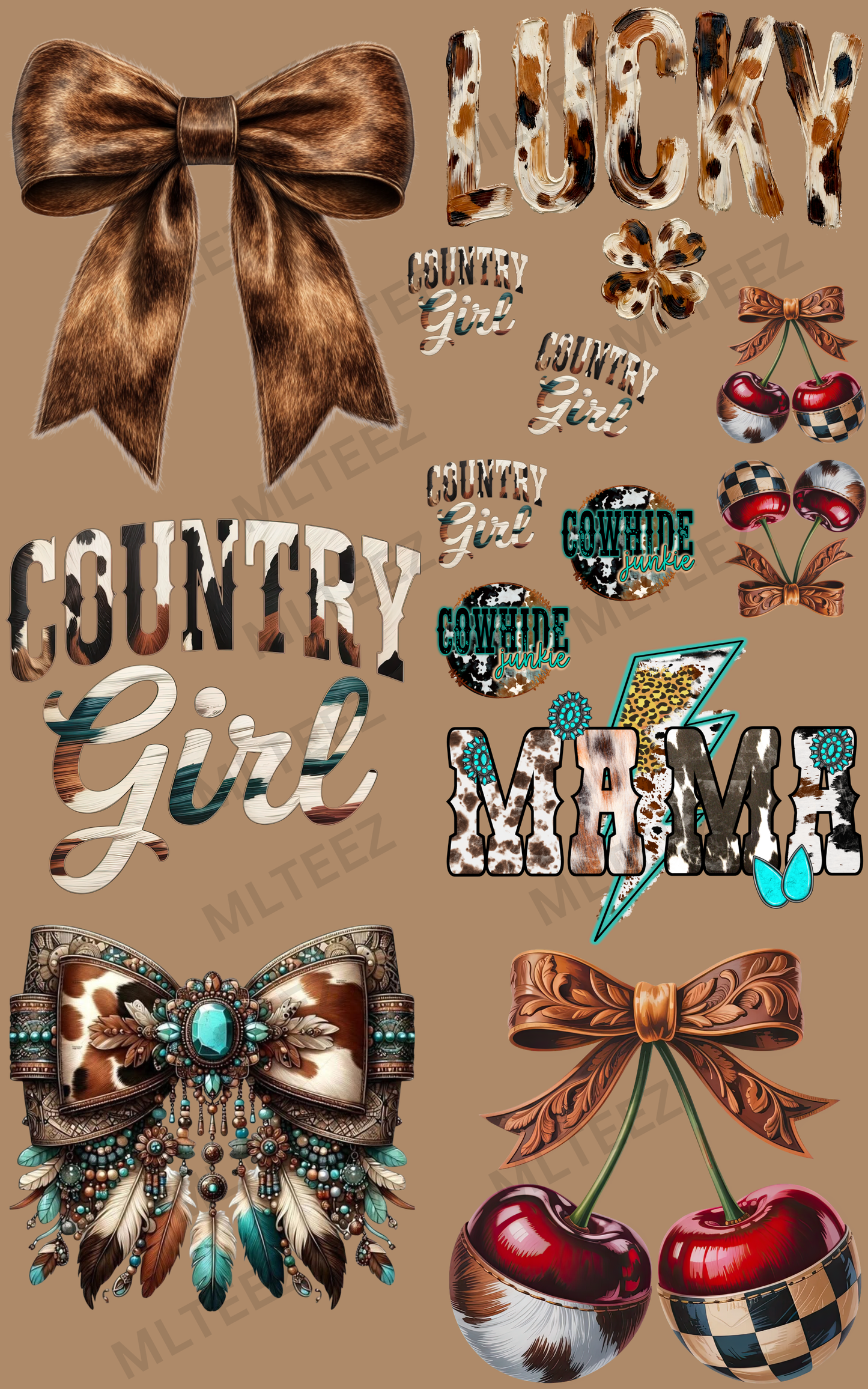 LUCKY COWHIDE (1) PREMADE GANGSHEET - 22X36 DTF TRANSFERS - DIRECT TO FILM