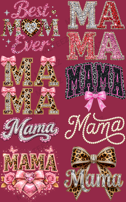 MAMA (9) FAUX GLITTER PREMADE GANGSHEET - 22X36 DTF TRANSFERS - DIRECT TO FILM