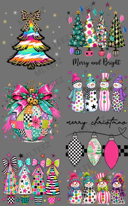 MERRY & BRIGHT (7) PREMADE GANGSHEET - 22X36 DTF TRANSFERS - DIRECT TO FILM
