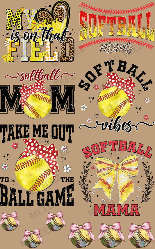 MY HEART IS ON THAT FIELD (SOFTBALL) (1) PREMADE GANGSHEET - 22X36 DTF TRANSFERS - DIRECT TO FILM