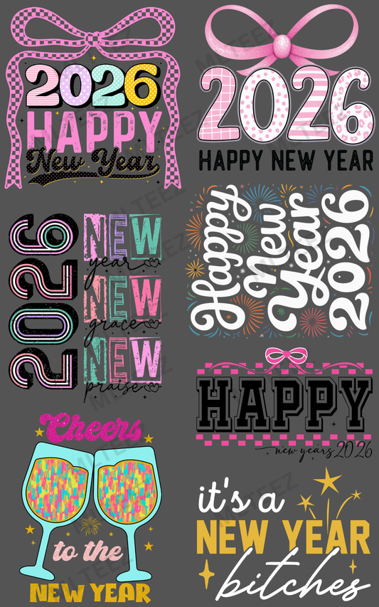 NEW YEAR 2026 (8) PREMADE GANGSHEET - 22X36 DTF TRANSFERS - DIRECT TO FILM