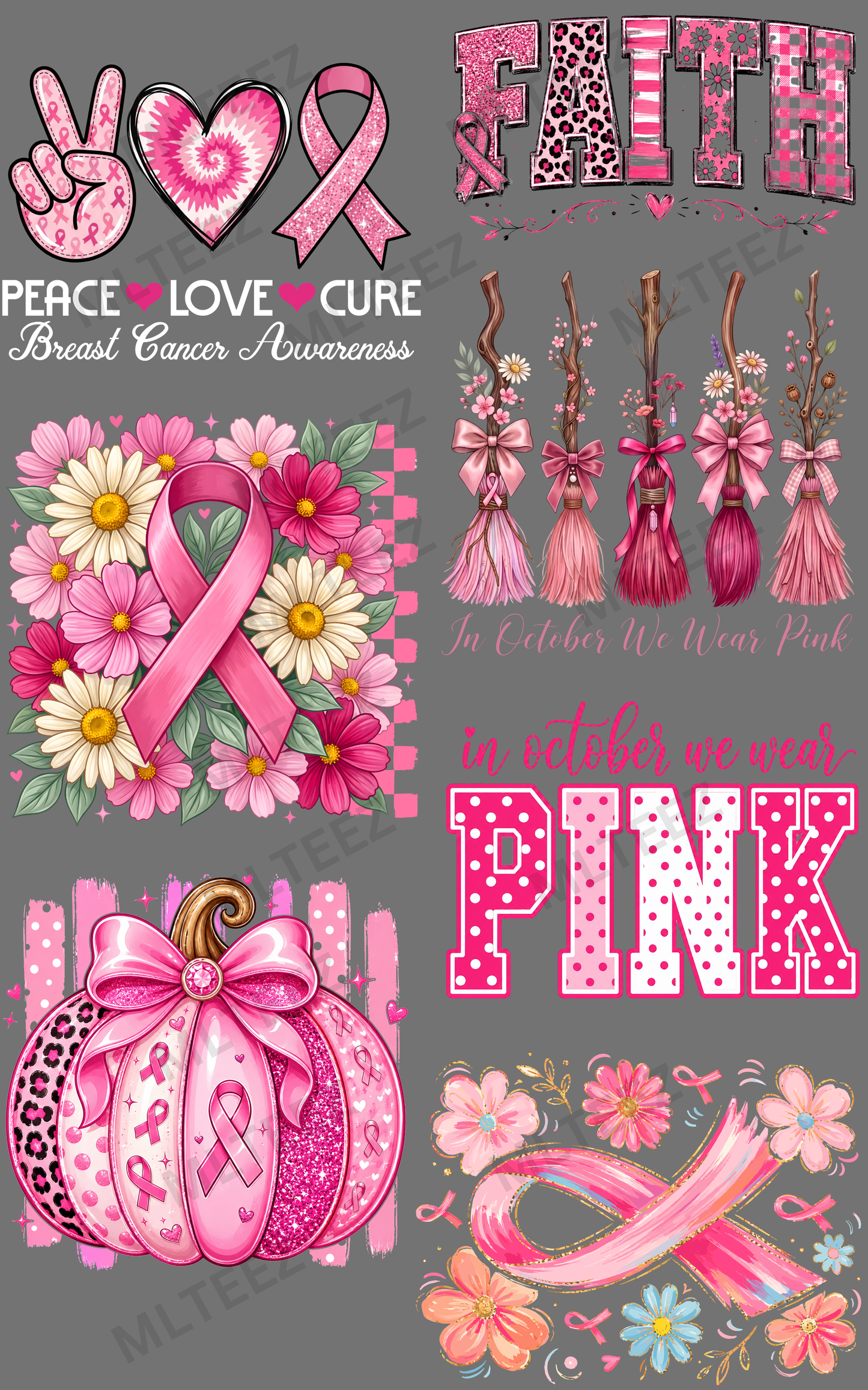PEACE, LOVE, CURE (BREAST CANCER) (1) PREMADE GANGSHEET - 22X36 DTF TRANSFERS - DIRECT TO FILM