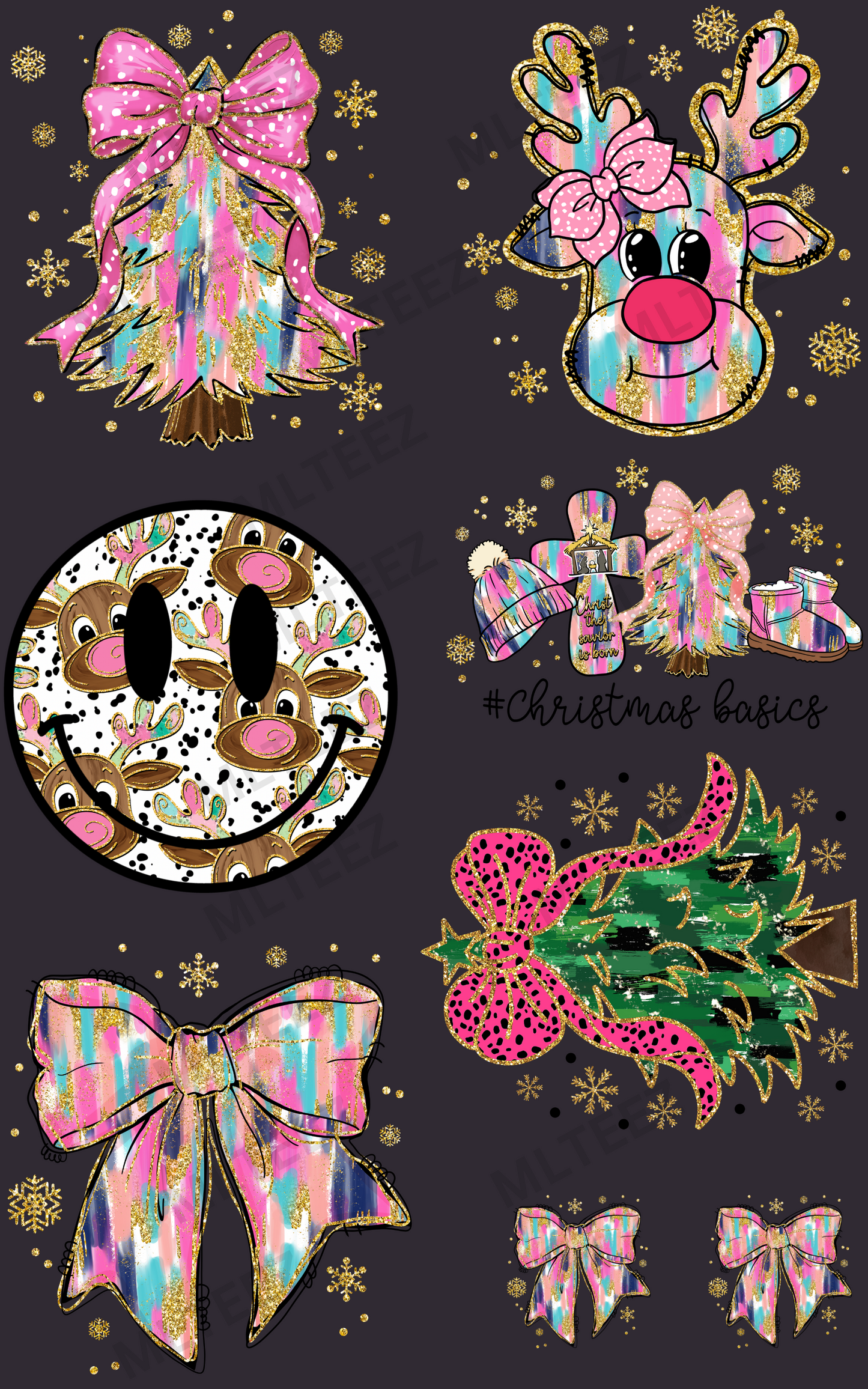 PINK GLITTER CHRISTMAS (1) PREMADE GANGSHEET  - 22X36  DTF TRANSFERS - DIRECT TO FILM