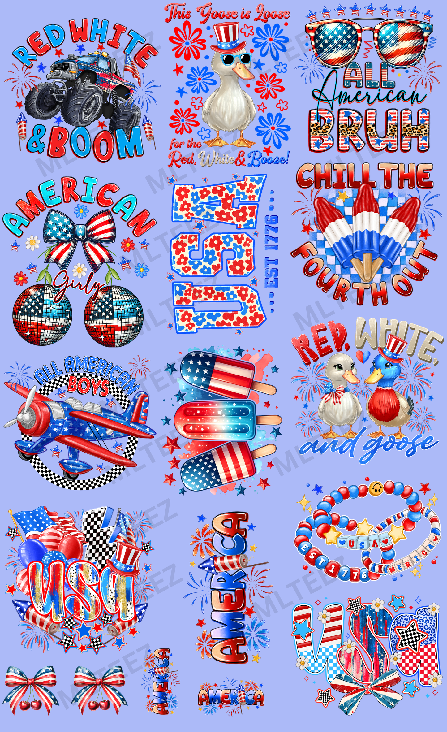 RED WHITE & BOOM (YOUTH) (1) PREMADE GANGSHEET - 22X36 DTF TRANSFERS - DIRECT TO FILM
