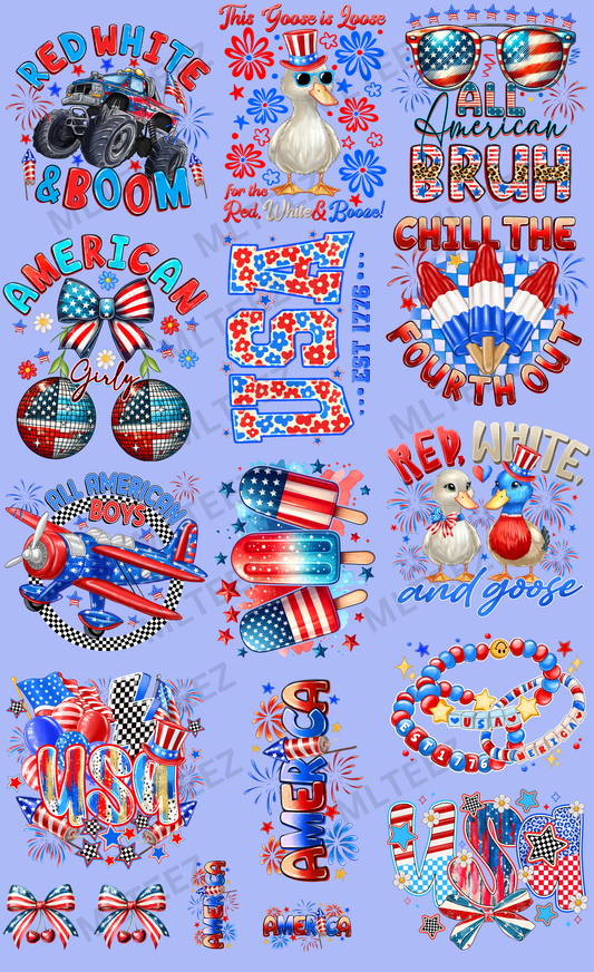 RED WHITE & BOOM (YOUTH) (1) PREMADE GANGSHEET - 22X36 DTF TRANSFERS - DIRECT TO FILM